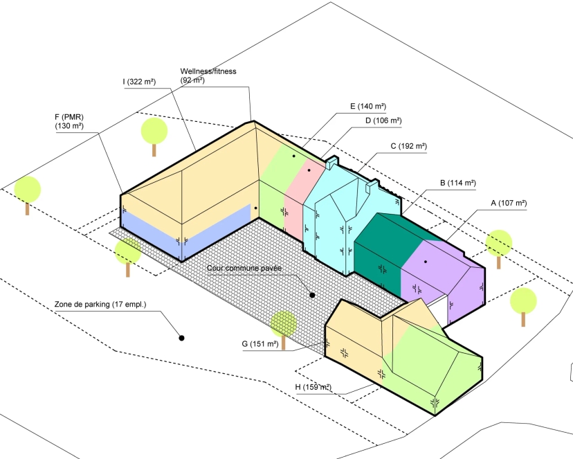 Axonométrie du projet répartition des logements dans le corps de ferme