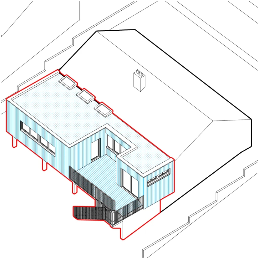 Axonométrie du projet d'extension à Court-Saint-Etienne