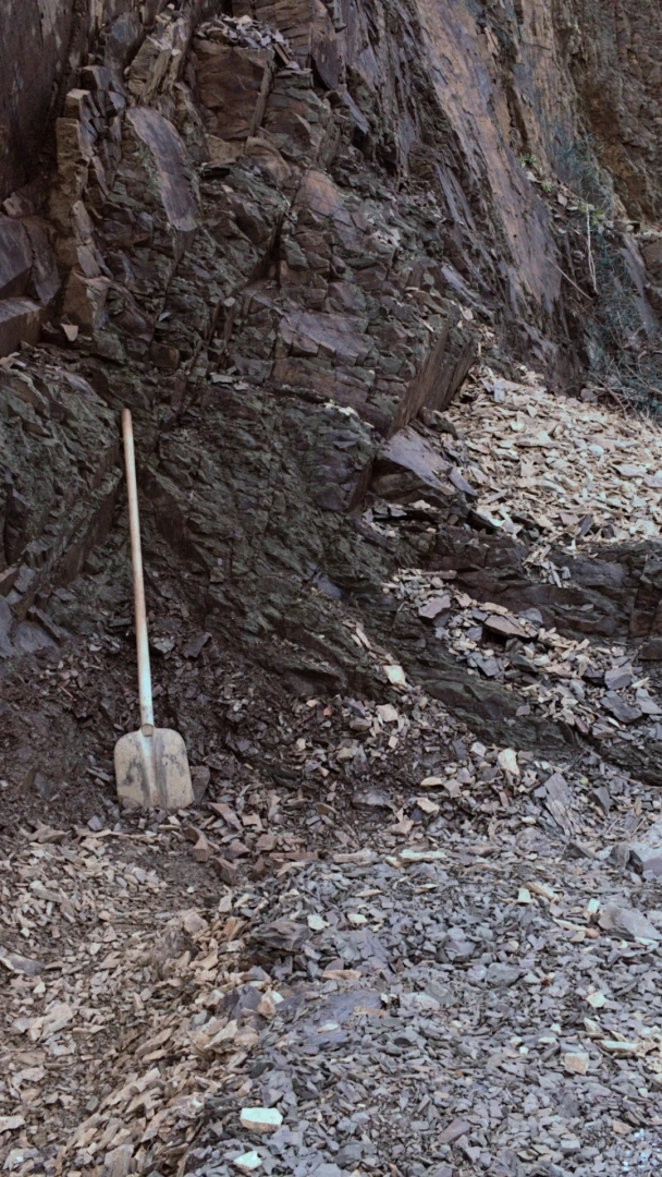 Une pelle repose sur le schiste