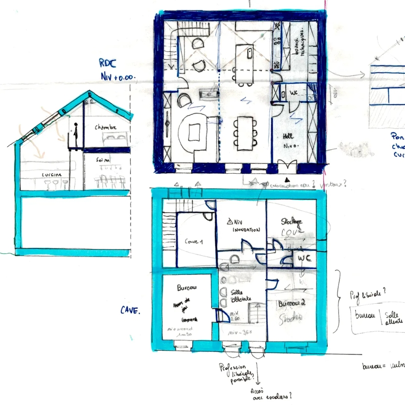 Esquisse des plans d'architecture et de la coupe pour le logement C