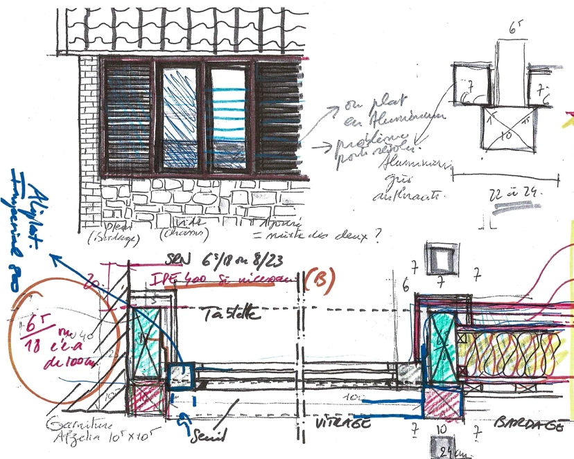 Esquisse d'un élément de façade en bois et du détail technique de sa mise en oeuvre