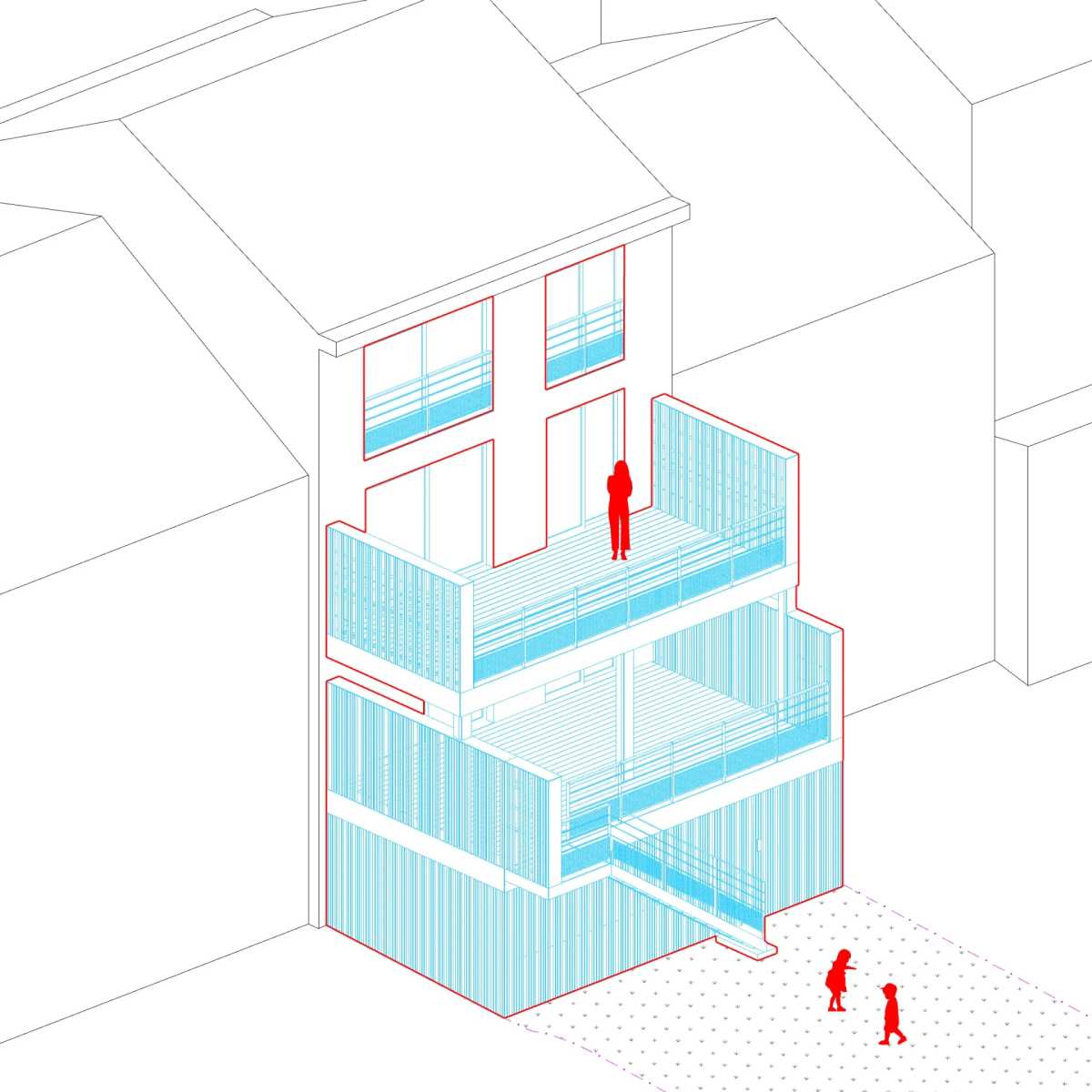 Axonométrie d'un projet de rénovation et d'extension d'une habitation à Embourg par le bureau liégeois d'Architecture N8