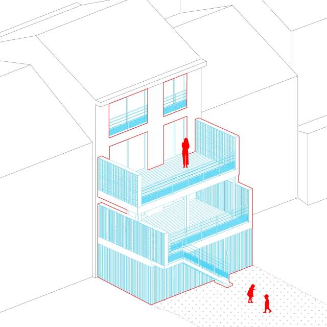 Axonométrie d'un projet de rénovation et d'extension d'une habitation à Embourg par le bureau liégeois d'Architecture N8