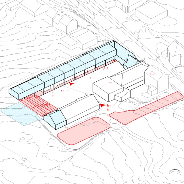 Axonométrie d'architecte de synthèse de la transformation de l'école